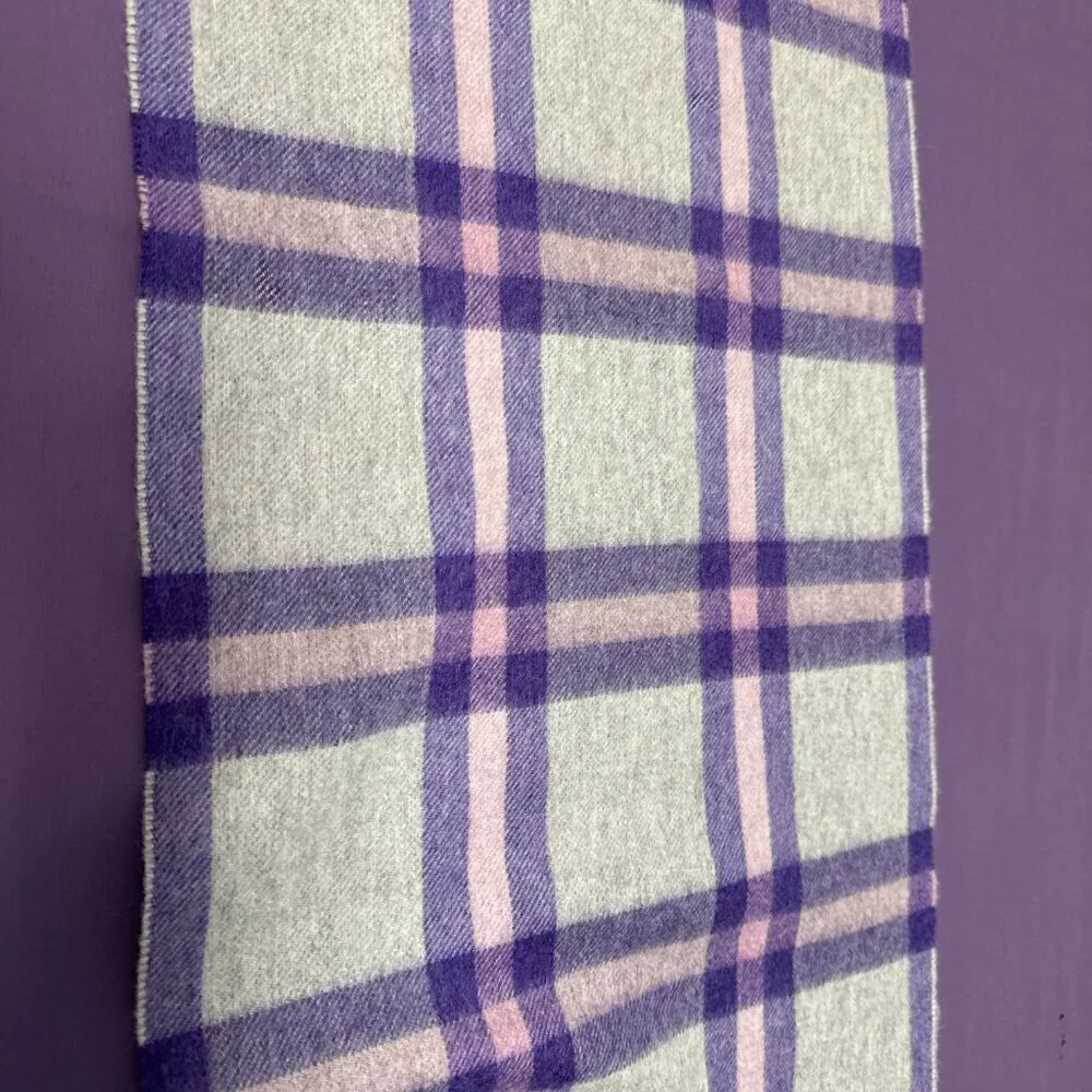 NWOT 100% Cashmere Scarf UNISEX  Plaid Gray & Purple